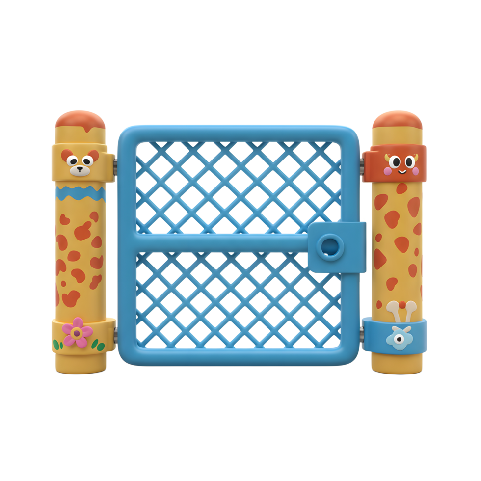 This blue gate features whimsical designs with giraffe spot patterned columns and friendly animal faces, creating a secure and playful entrance for children to use in a playground or backyard. png