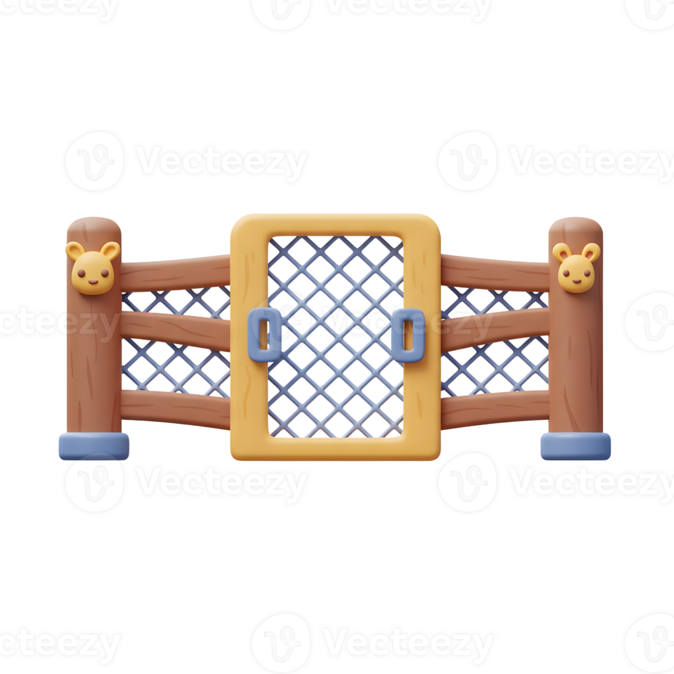 A cartoon fence with a gate is a playful barrier, designed with light brown wood and a mesh gate, ideal for decorative purposes. png