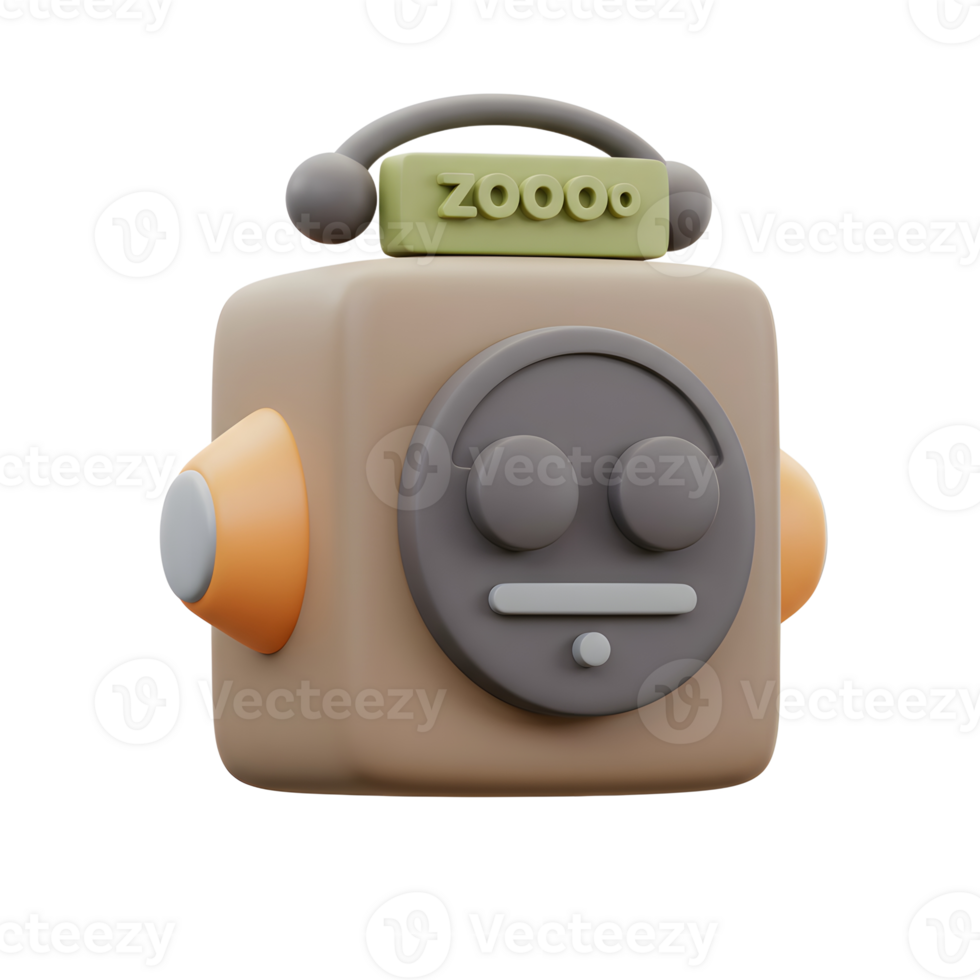 A cartoon robot with a cube body and headset is shown in a 3D rendering, perfect for adding a playful touch to technology related designs. png