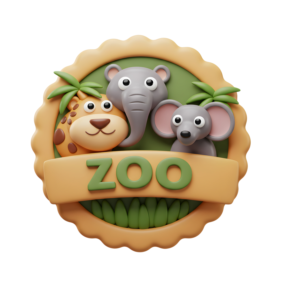 Cartoon animals including an elephant, giraffe, and mouse are displayed in a zoo emblem, making it suitable for children's content. png