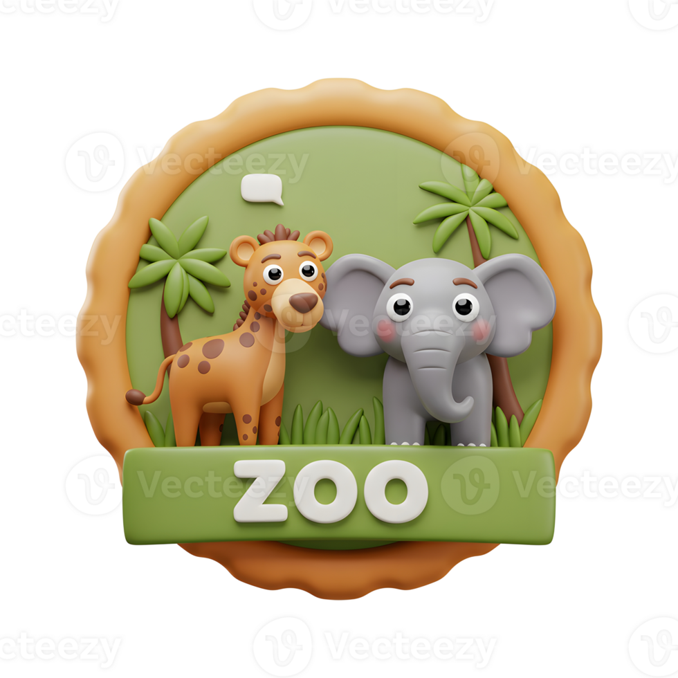 Cartoon illustration of a zoo featuring a giraffe and elephant in a 3D style used for decoration. png