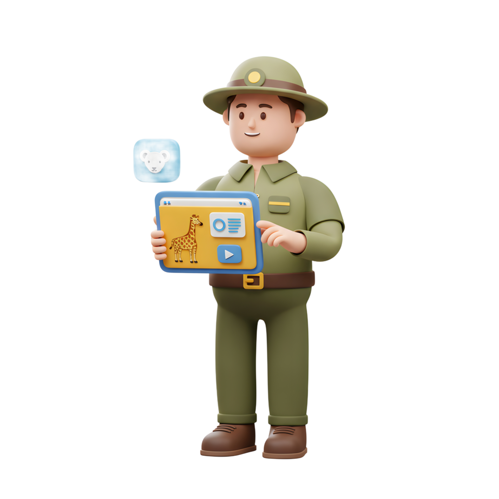 A cartoon zookeeper in uniform is interacting with a tablet displaying a giraffe and a koala icon for educational purposes. png