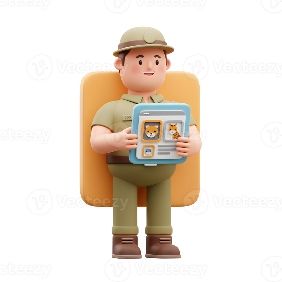 Cartoon zookeeper in khaki uniform presents zoo animal images on a tablet, ideal for educational content or zoo promotional materials. png