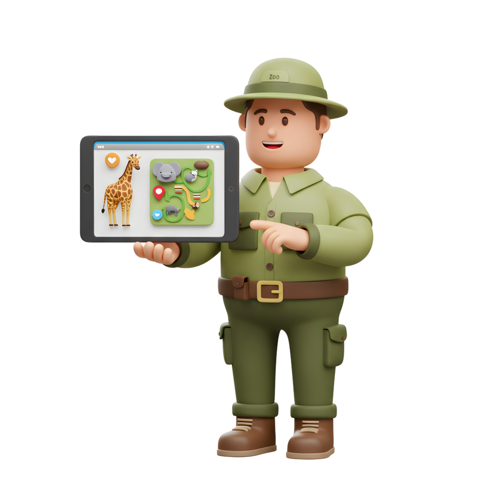 A 3D cartoon zoo employee is holding a tablet with a giraffe image and animal map, pointing at it to share information. png