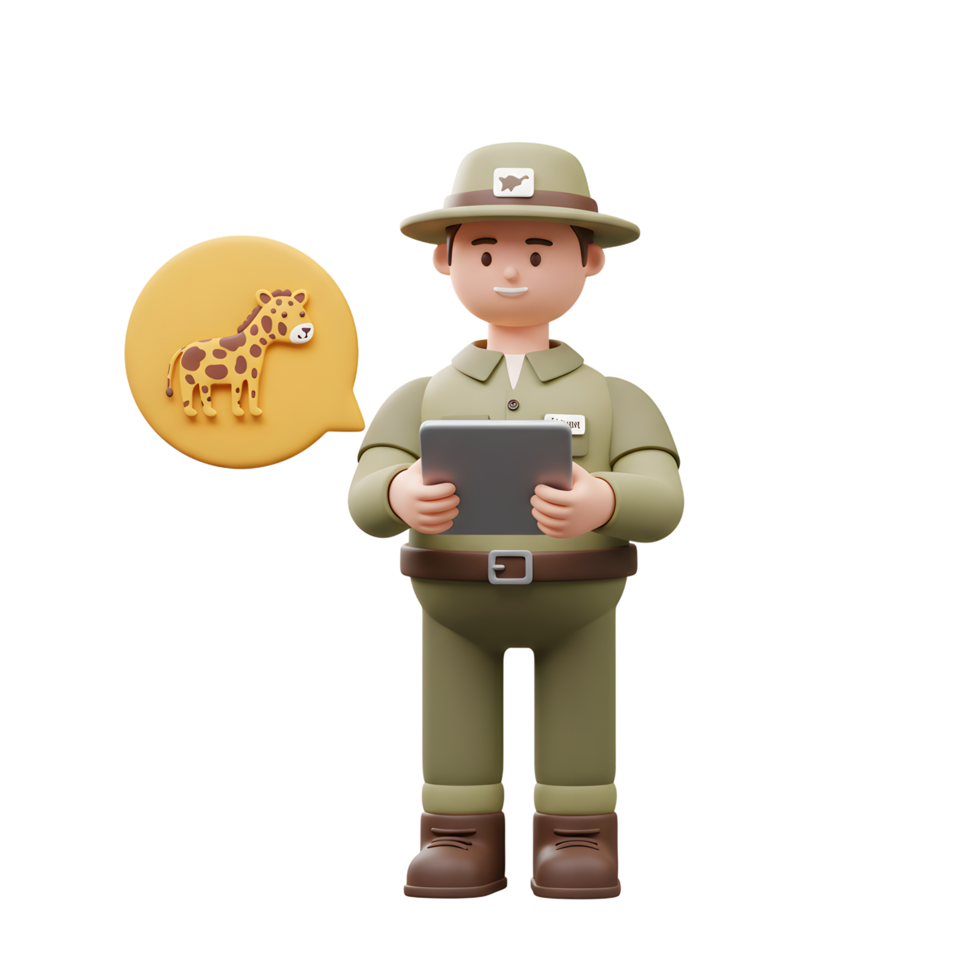 Cartoon zookeeper holding a tablet and visualizing giraffe in a speech bubble, suitable for education purposes. png