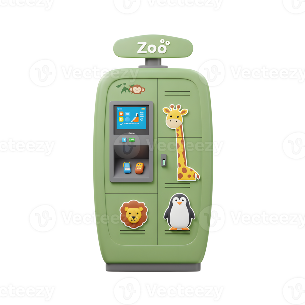 Green locker with a zoo sign has animal figures and a screen, often used in a themed environment. png
