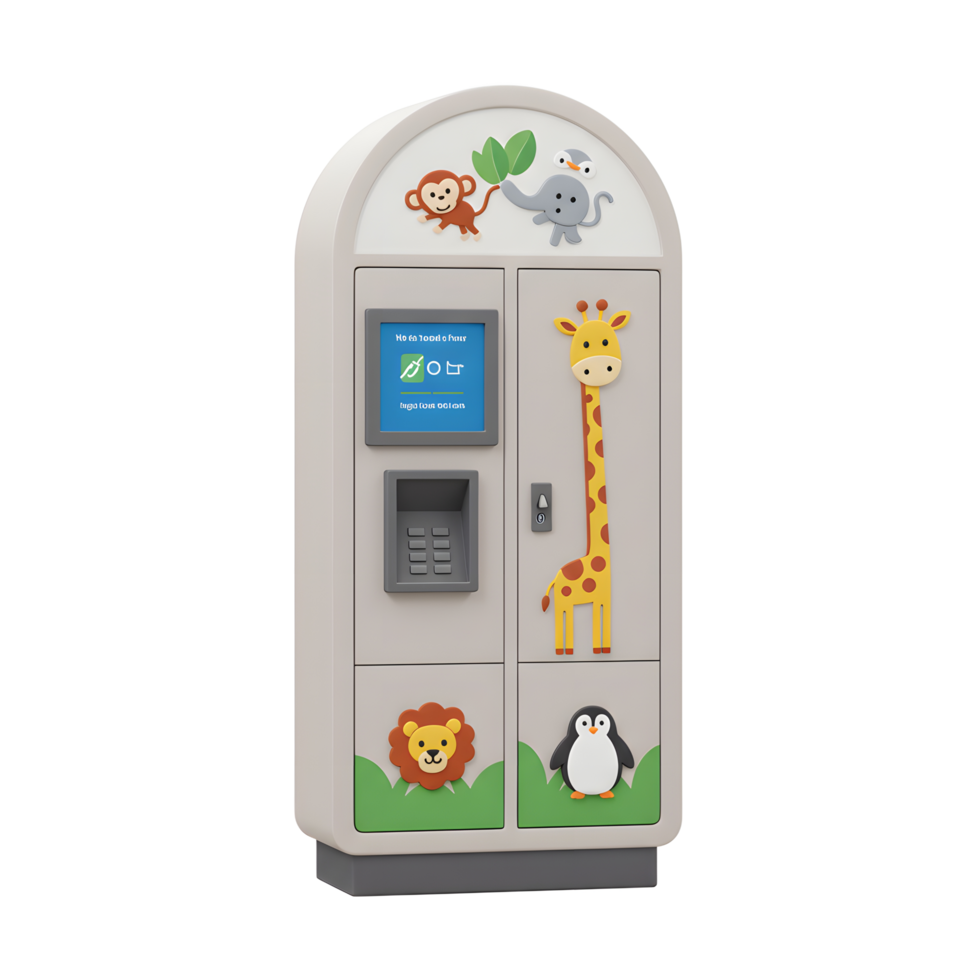 This locker is decorated with a variety of animals, including a monkey, elephant, giraffe, lion, and penguin, making it suitable for kids storage. png