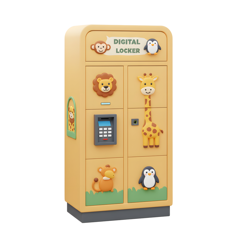 This yellow locker is decorated with animals and a digital lock, making it perfect for a child's room or classroom. png