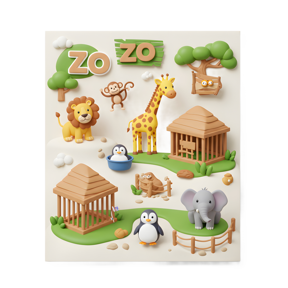 Illustration of zoo animals including a lion, giraffe, monkey and elephant, depicted in a playful style and ideal for children's education or decoration. png