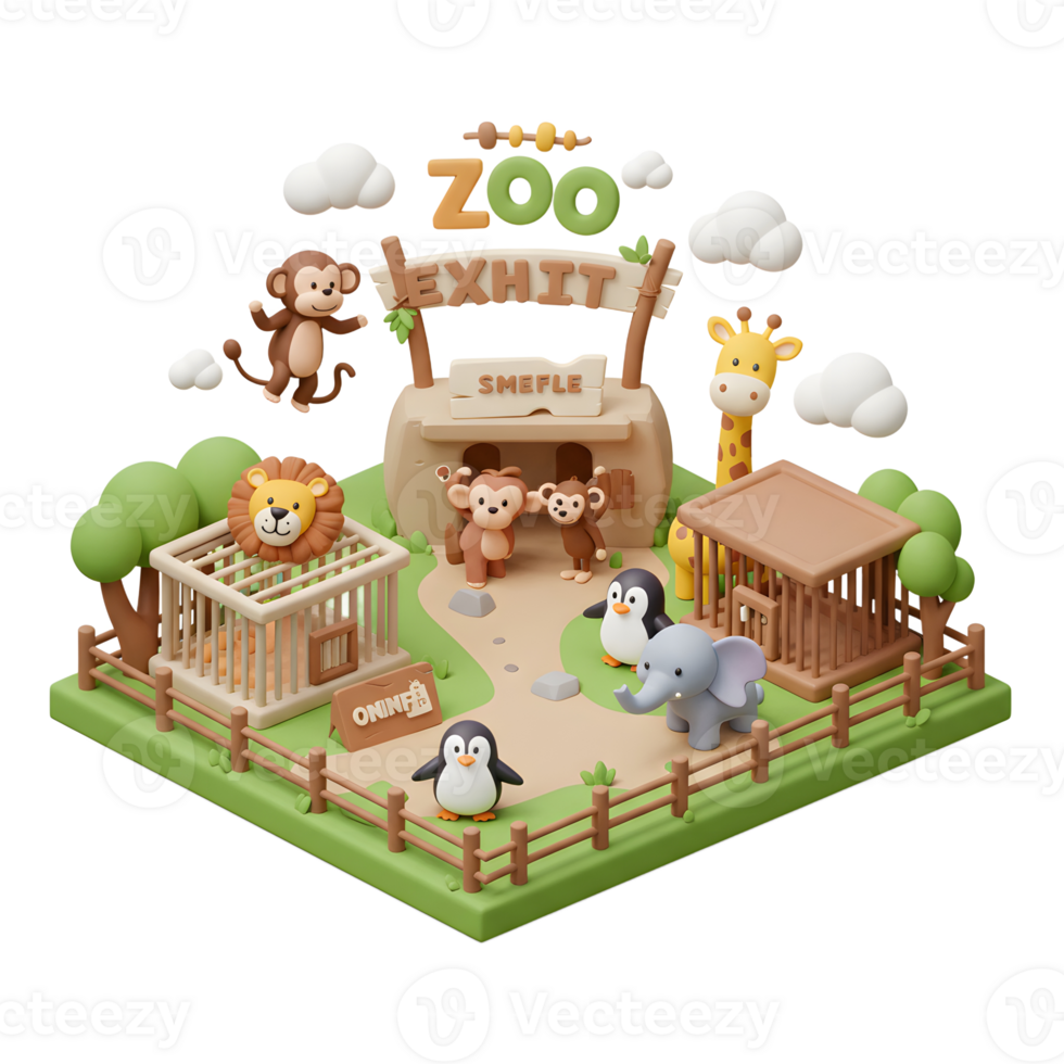 This illustration showcases a miniature zoo exhibit filled with cute animals like lions, monkeys, penguins, elephants, and giraffes displayed within cages, perfect for educational purposes. png