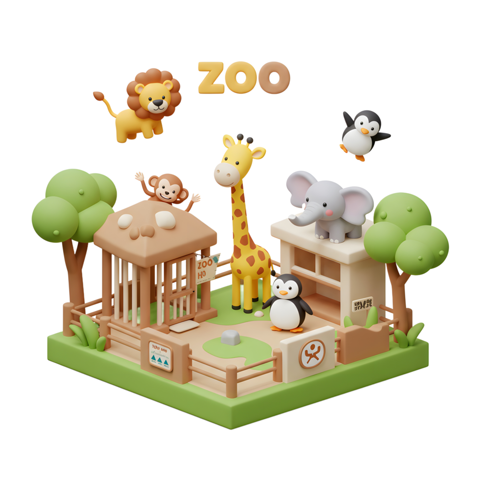 A miniature clay zoo features a giraffe, lion, elephant, penguin, and monkey for playful designs and scenes. png