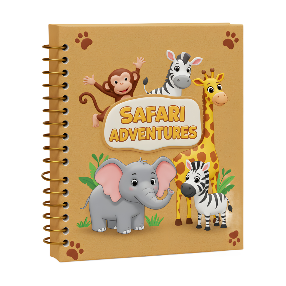 This cartoon style notebook shows a monkey, zebra, elephant and giraffe on its cover, which can be used to record journal entries or school assignments. png
