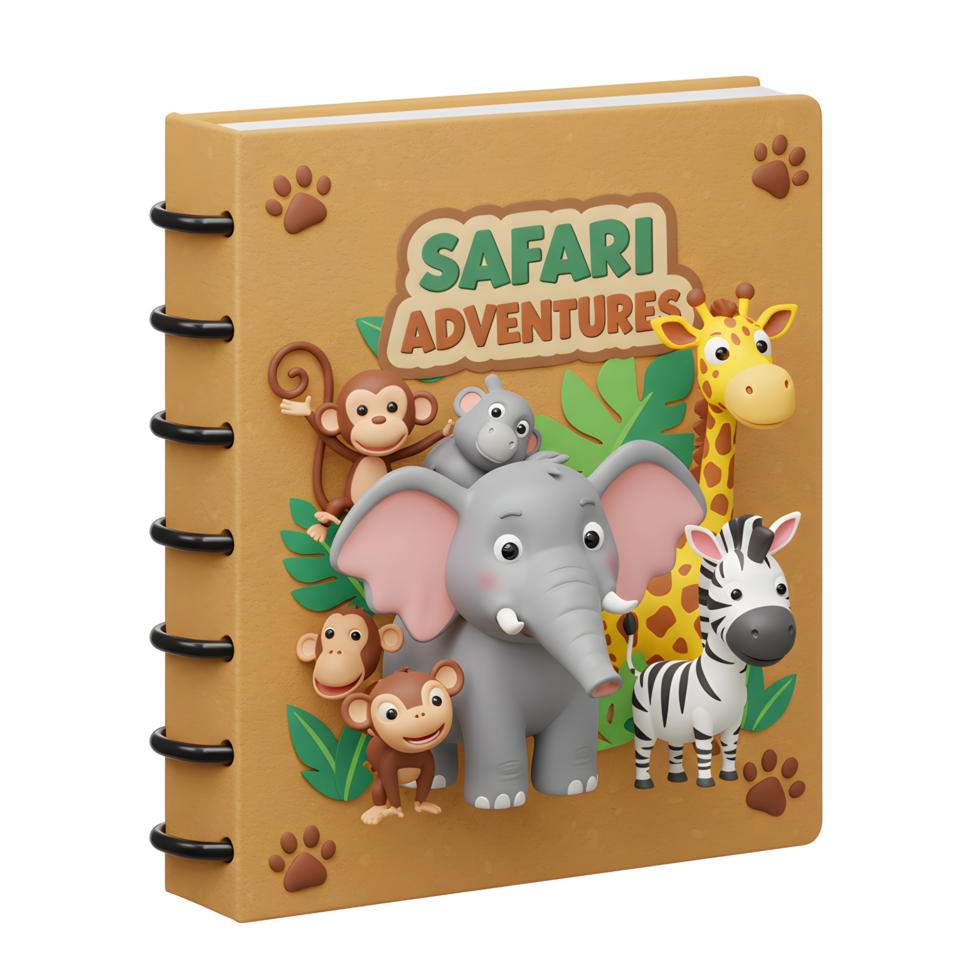 This safari adventures book features a cute elephant, monkey, zebra, and giraffe, perfect for children learning about animals. png