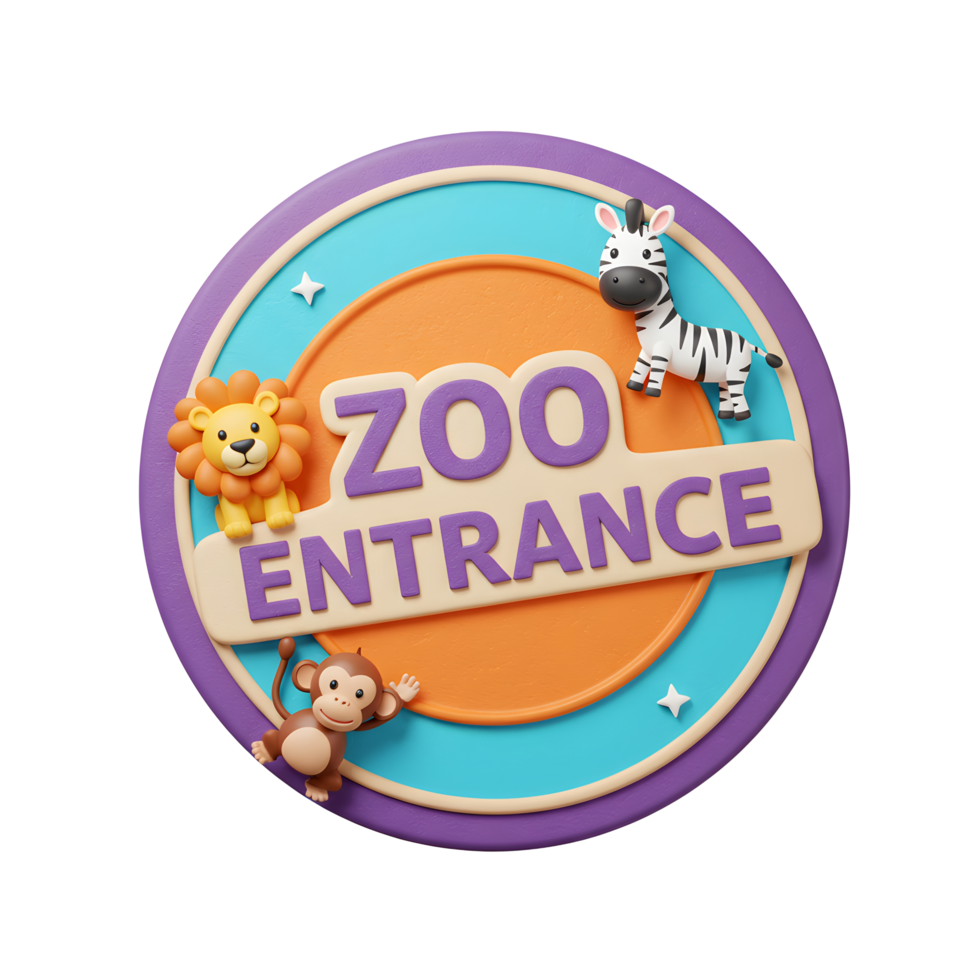 A cartoon style zoo entrance sign with a lion, monkey, and zebra welcomes visitors to see the animals. png