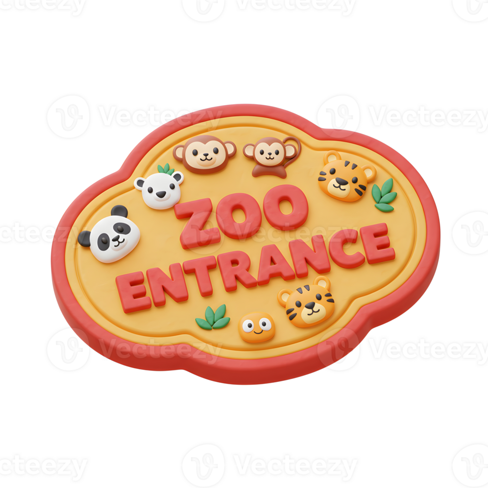 A playful sign marks the zoo entrance, decorated with friendly animal faces and vibrant colors to welcome visitors. png
