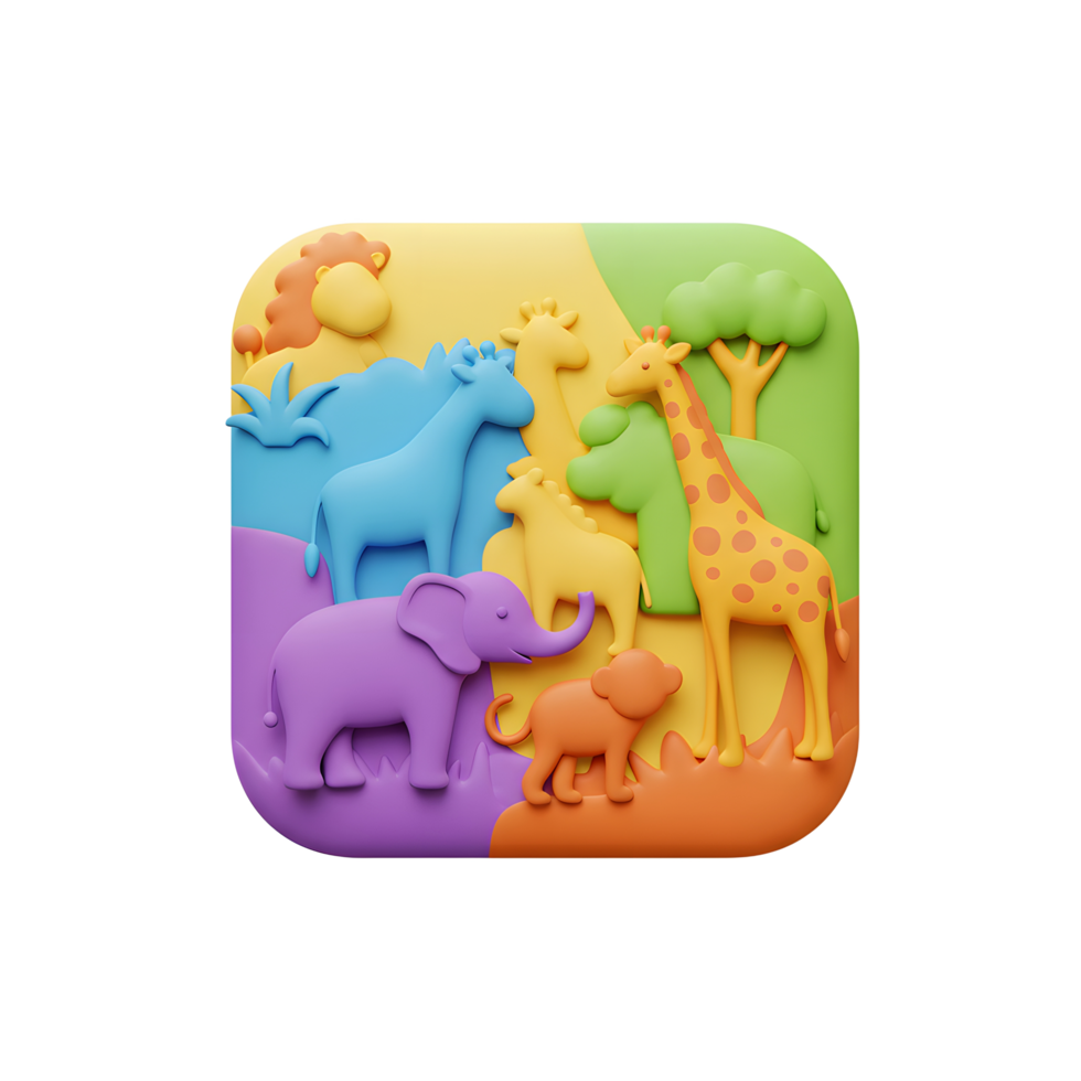 A vibrant illustration shows a group of cartoon animals together in a square format, suitable for children's educational resources. png