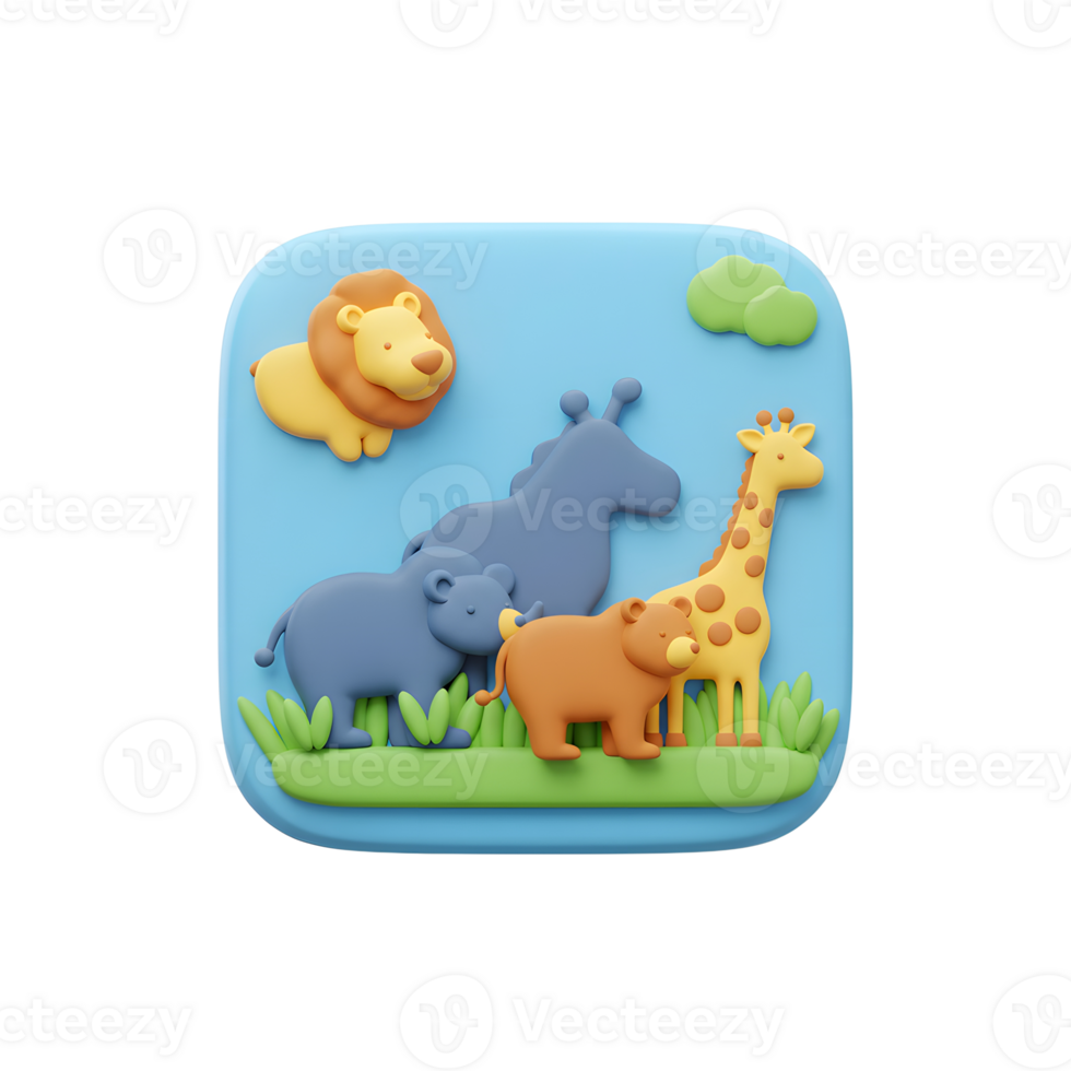 Cartoon animals including a lion, hippo, horse, bear, and giraffe stand together in a grassy area, making it suitable for children's illustrations or educational materials. png
