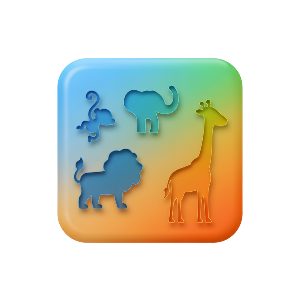 Colorful animal silhouettes, including a monkey, elephant, lion, and giraffe, are arranged on a square gradient background for educational or decorative purposes. png