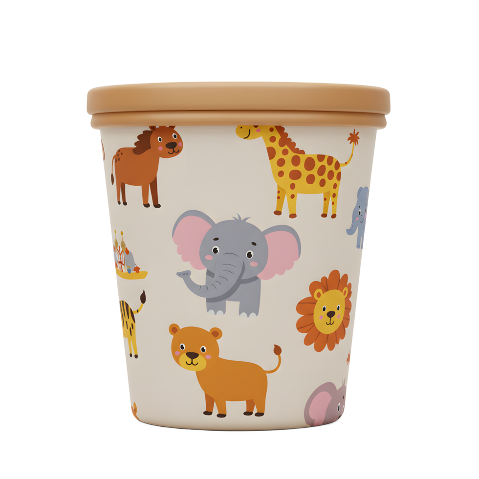 Container with animal prints like a lion, elephant, and giraffe adds a whimsical touch to storage or organization. png