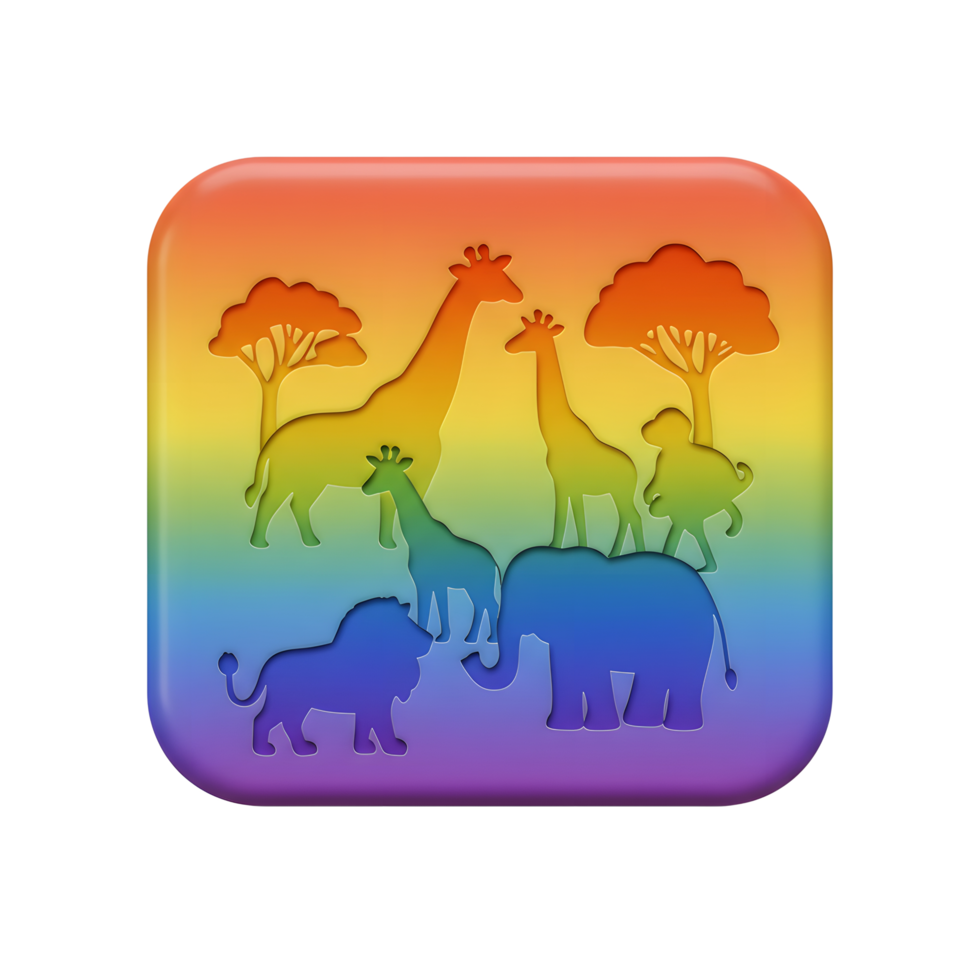 Silhouettes of African animals including giraffes, lions, and elephants are displayed with a rainbow background in a cute, rounded square shape for decoration. png