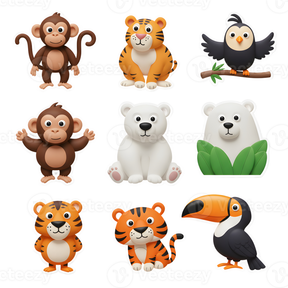 Collection of cartoon animal illustrations including a monkey, tiger, bear, bird, and toucan is shown for decorative usage. png
