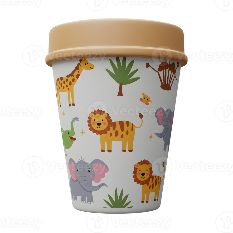 This white cup is decorated with various jungle animals such as lions and elephants and comes with a brown lid, perfect for keeping drinks contained. png