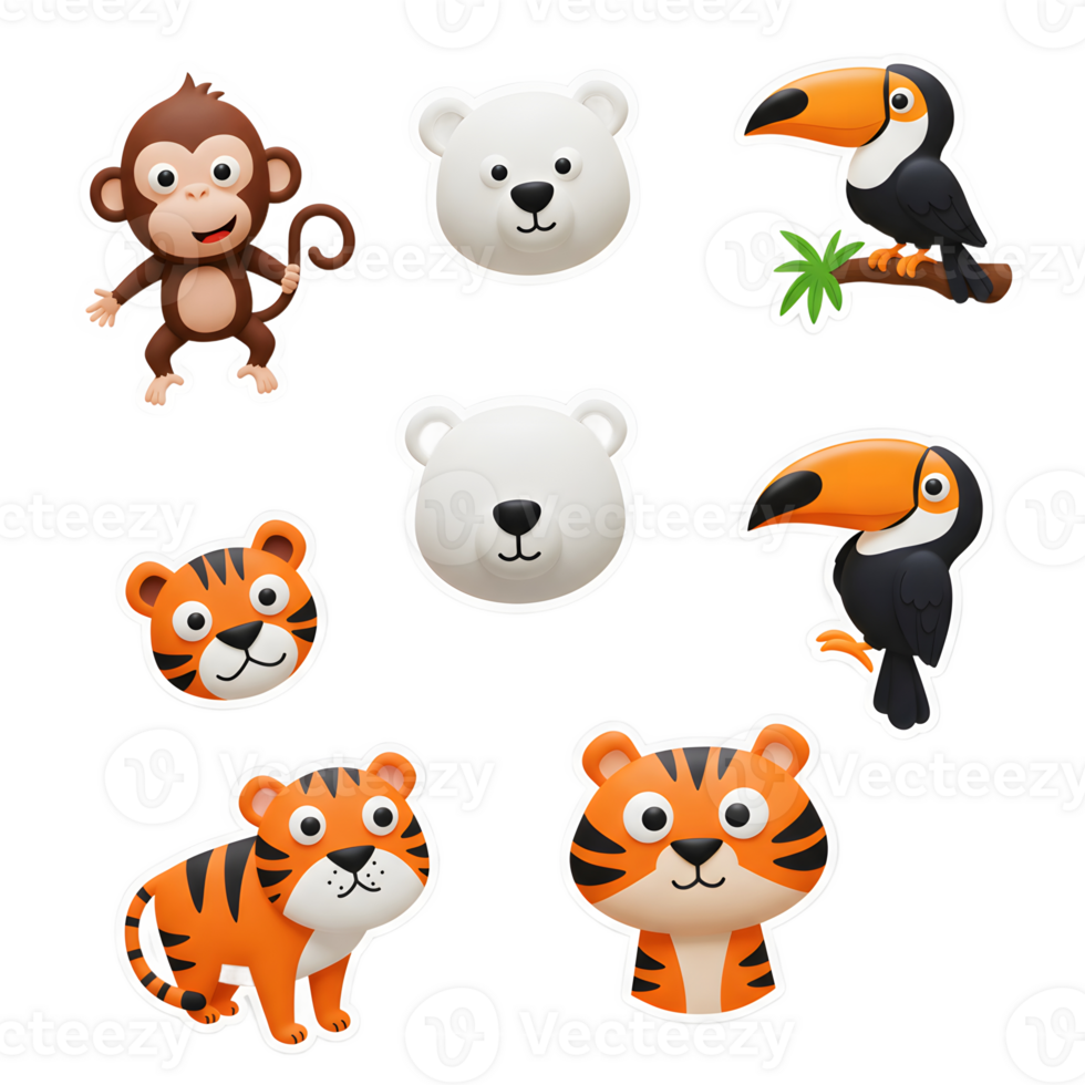 A cartoon illustration displays a monkey, polar bear, tiger, and toucan, which can be used for educational resources and sticker designs. png