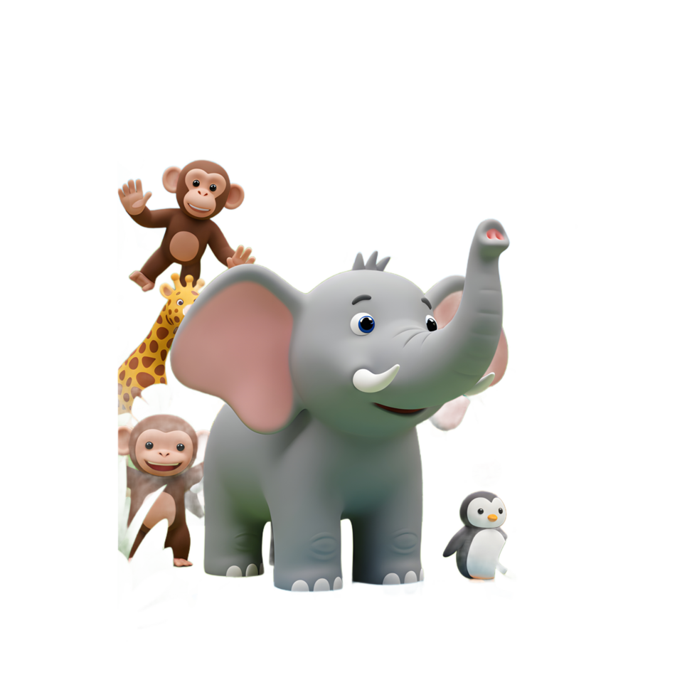 A cartoon style elephant sprays water with its trunk while standing in a group of other animals in a jungle scene, perfect for a child's room decor. png