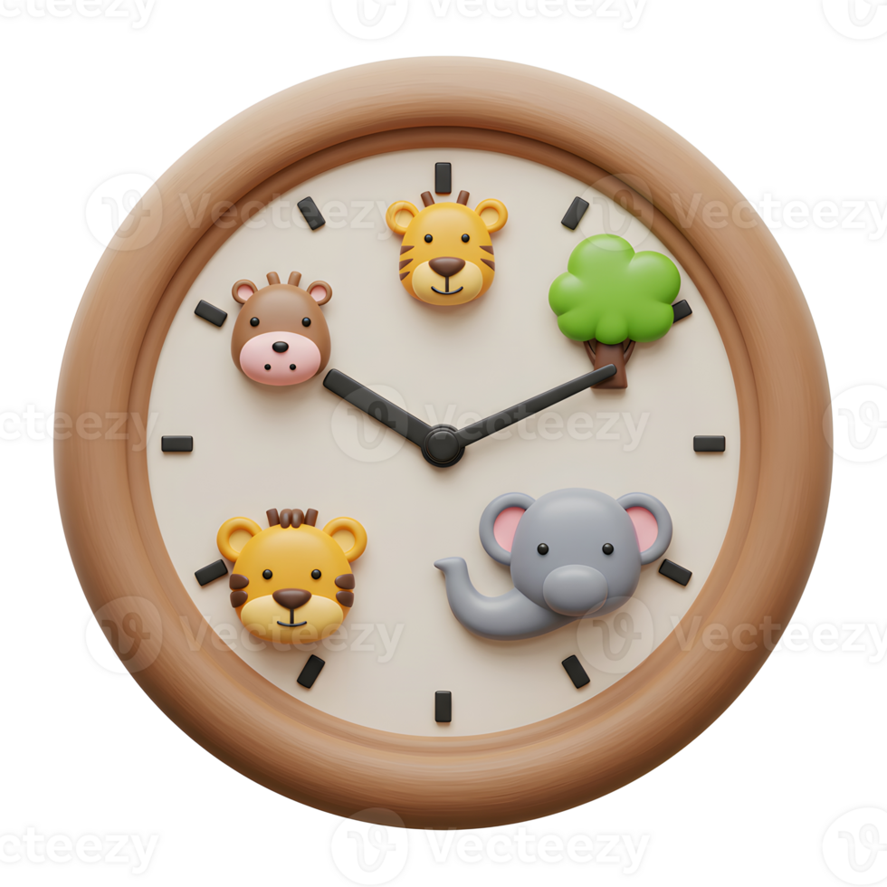 A cute cartoon clock with a giraffe, tiger, elephant and tree can be used in a nursery or child's room. png