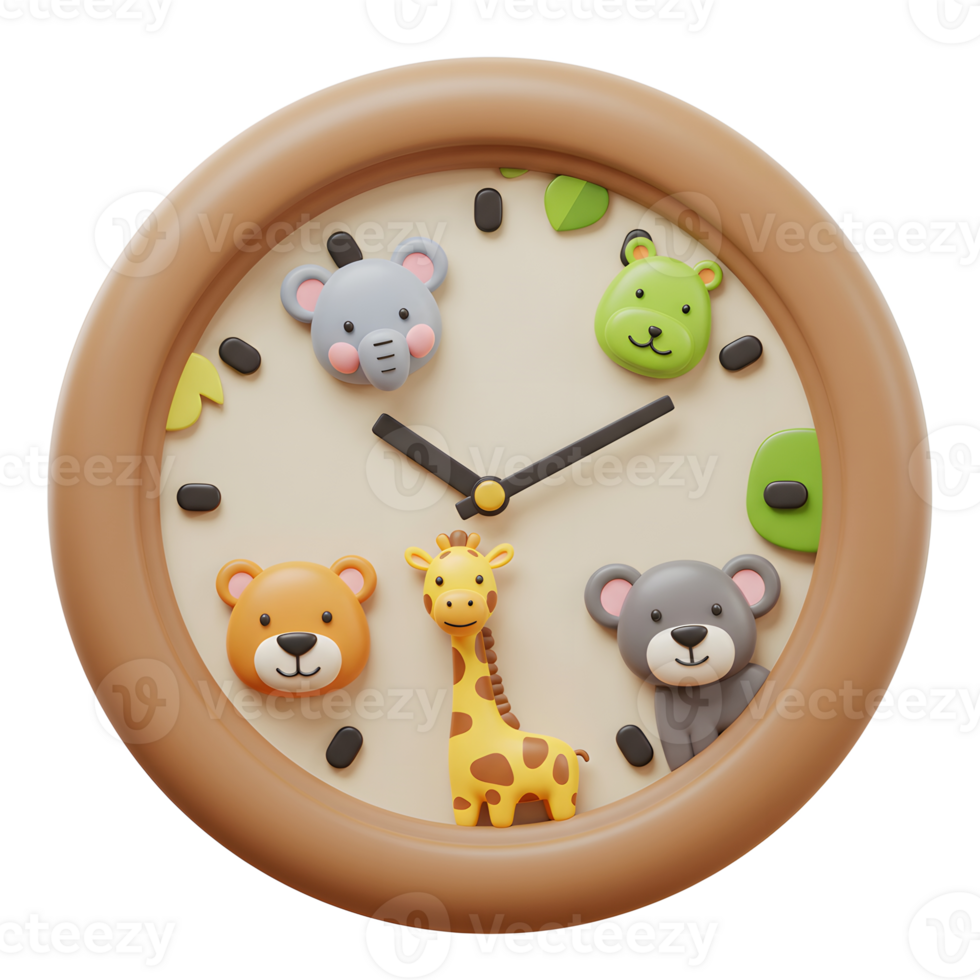A delightful animal clock featuring an elephant, bear, giraffe, and other cute creatures, provides a charming way to teach children to tell time and decorate their room. png