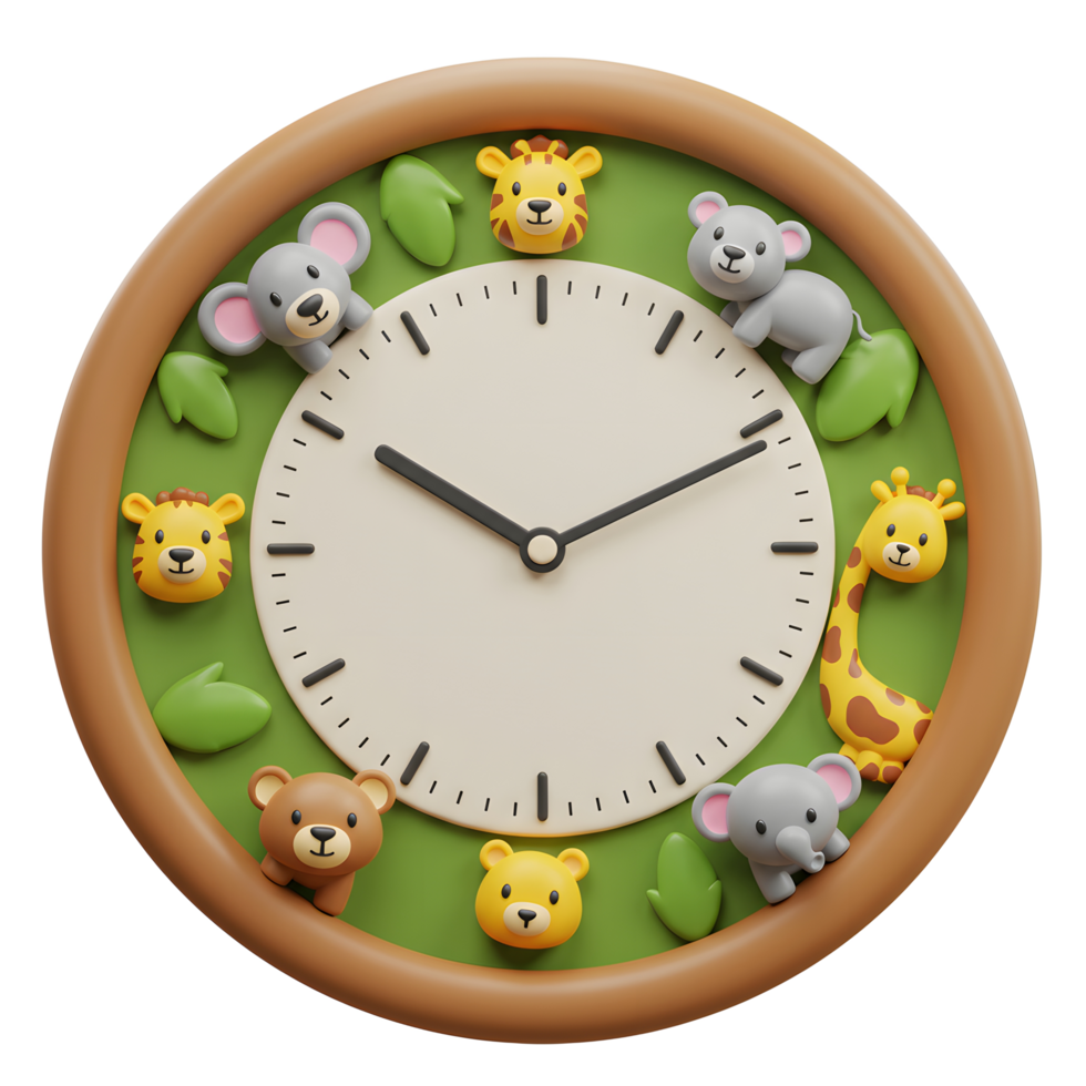A cheerful round animal clock features a bear, tiger, elephant, mouse, and giraffe against a green backdrop, ideal for children's room decor. png