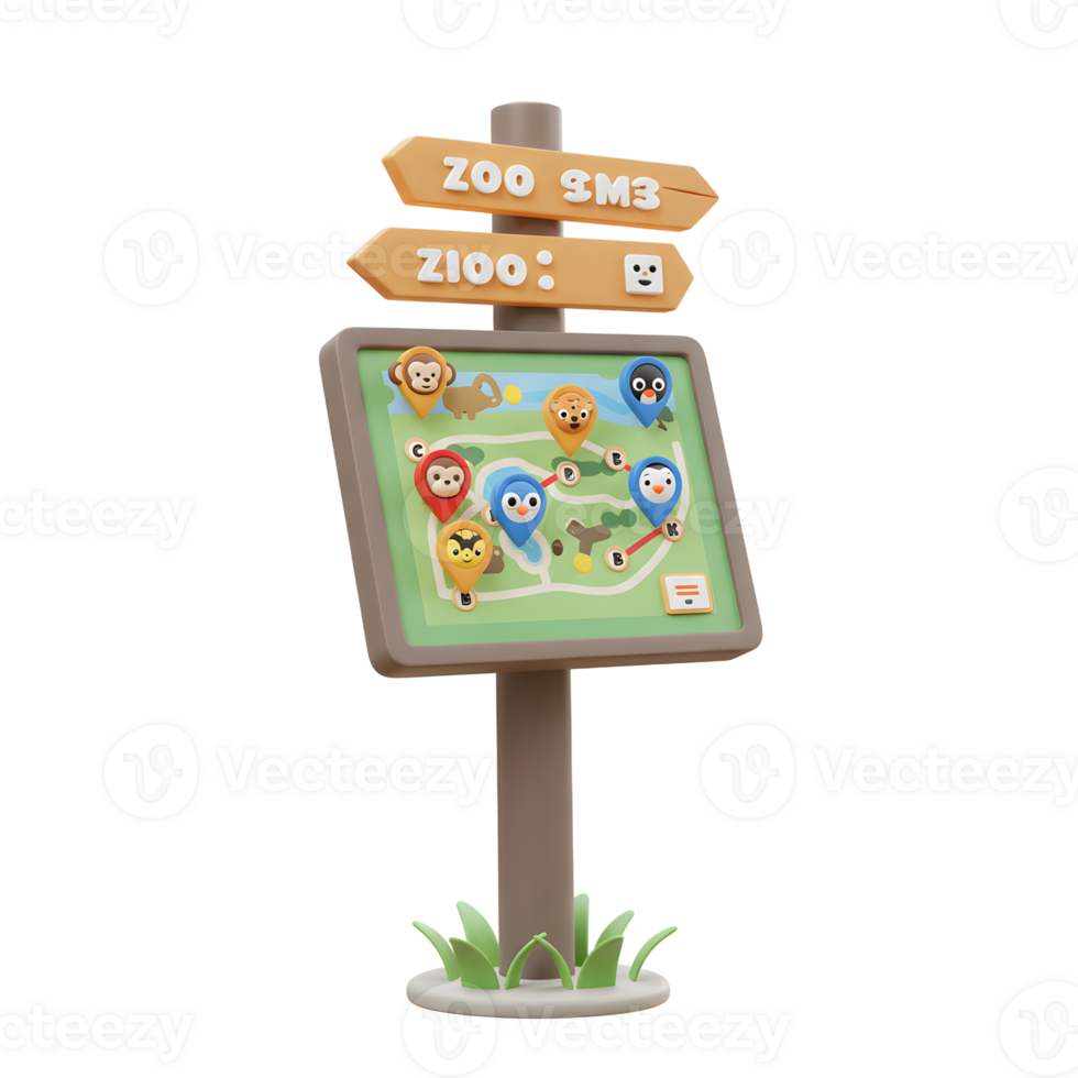 A 3D rendered zoo map shows animal locations with pins, providing directions and information for visitors. png