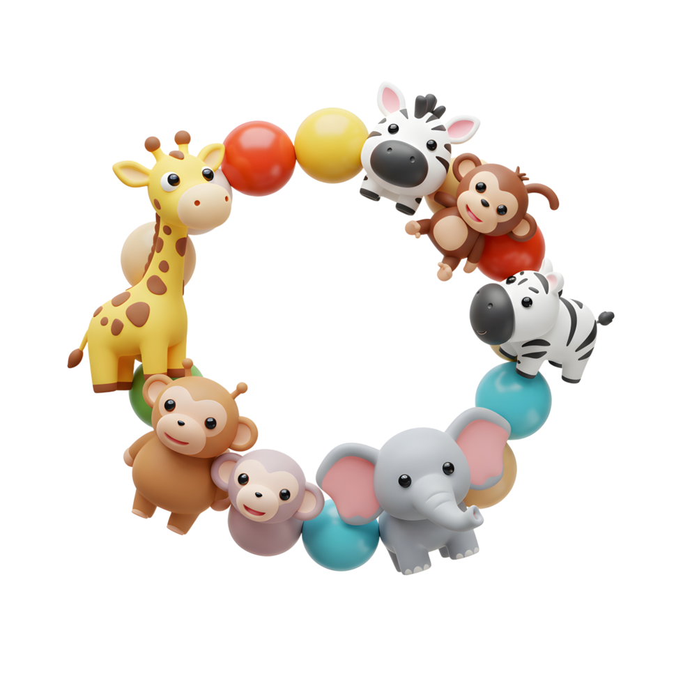 A circle made of giraffe, monkey, zebra, elephant, and colorful beads makes a playful toy or decoration for a baby. png