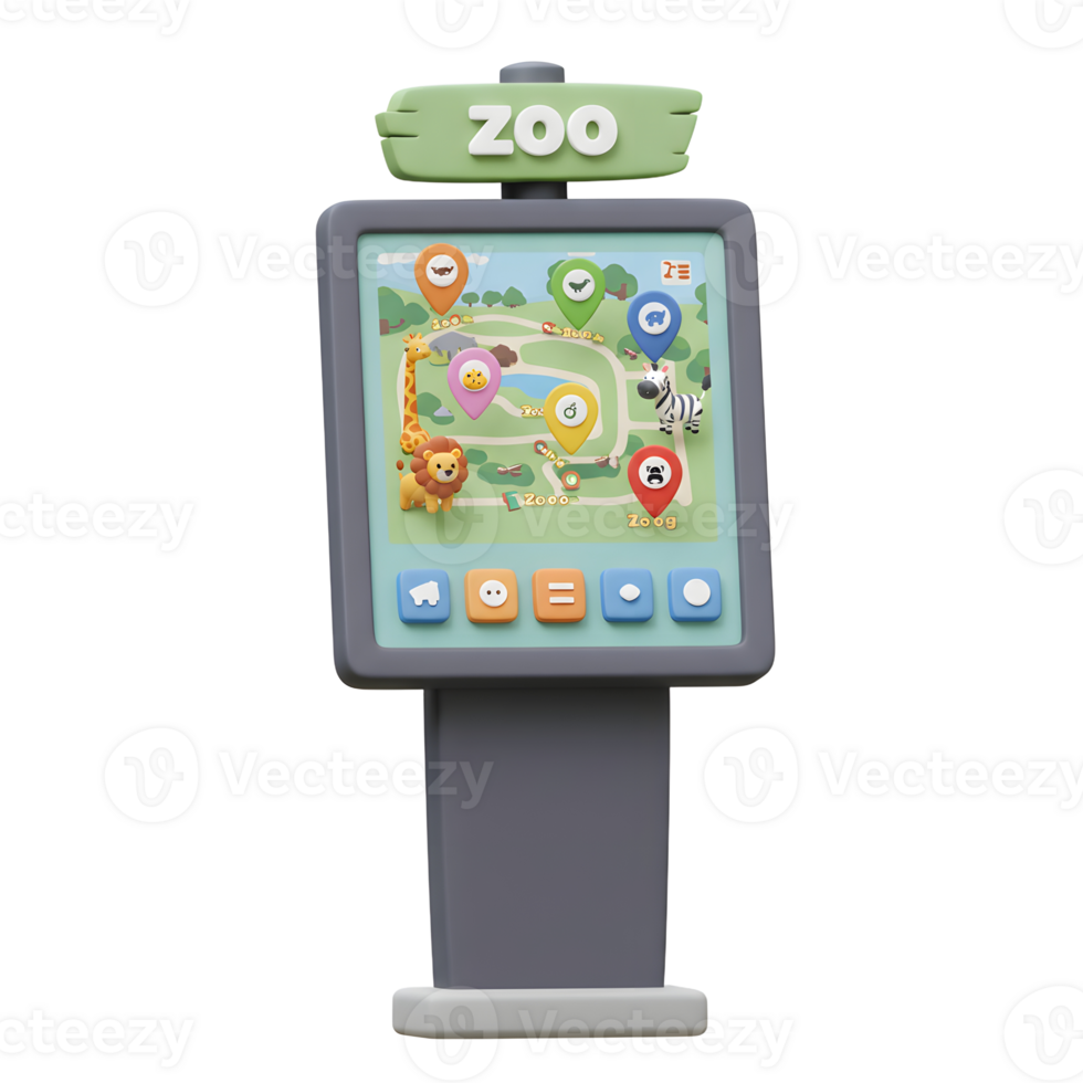 A cartoon zoo map featuring animal icons and location markers is displayed on an interactive kiosk to help visitors navigate the zoo. png