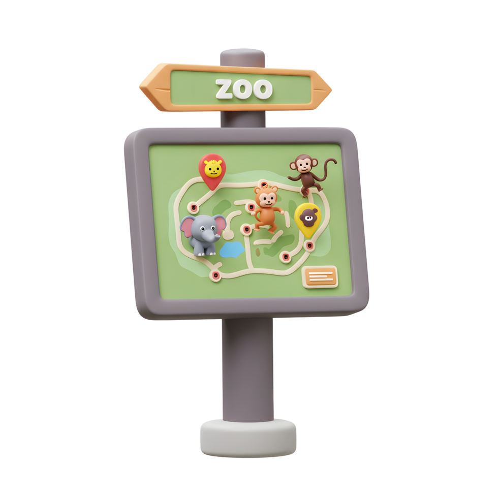A zoo map sign with animal markers provides a visual guide for visitors to navigate the zoo and find specific animal exhibits. png