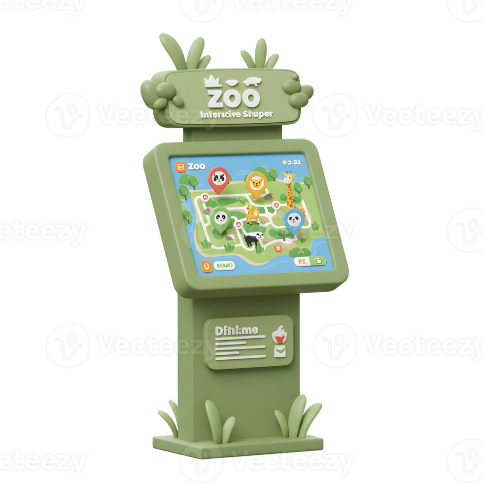 This is a cartoon zoo map kiosk with an interactive display showing animal locations within the park, likely for guiding visitors. png