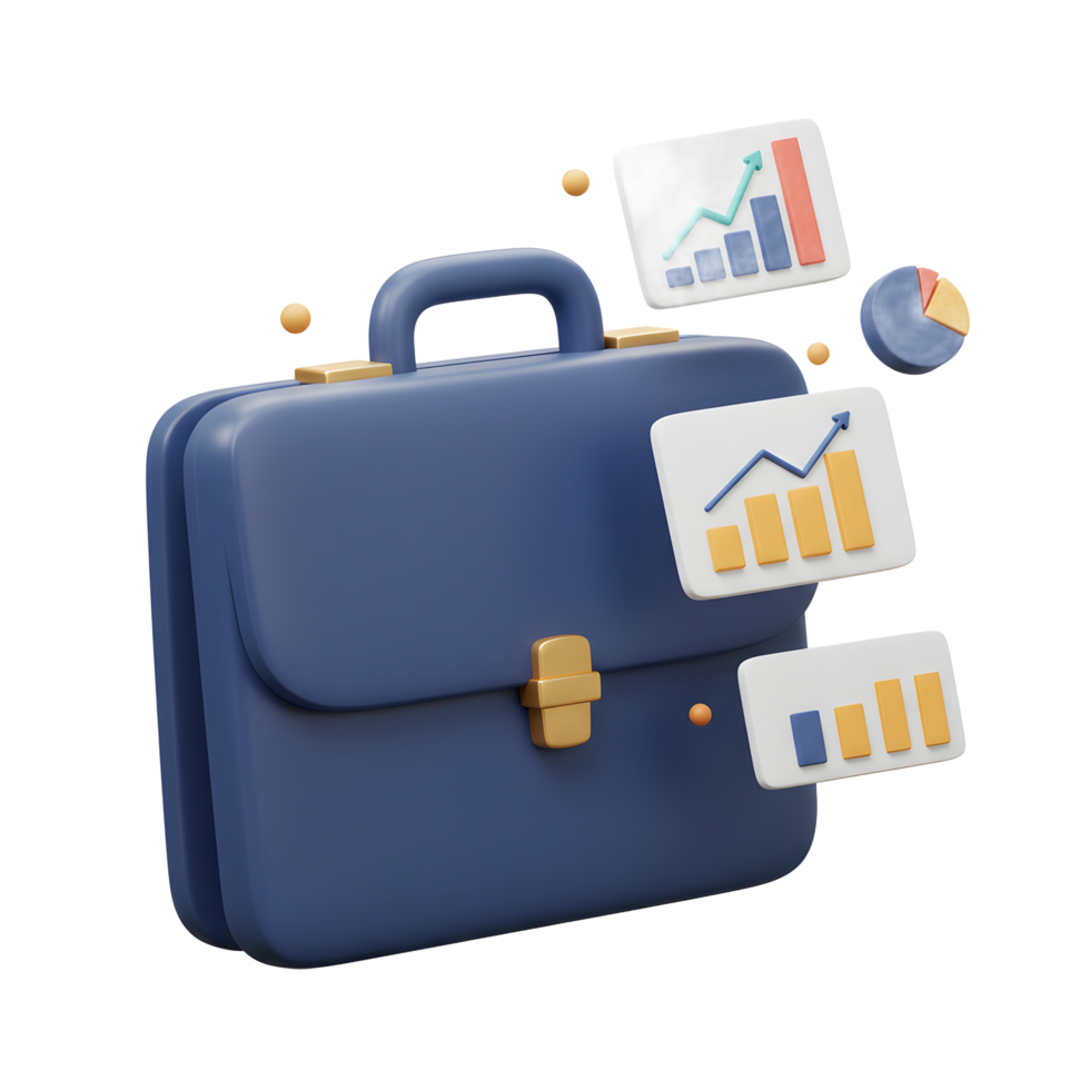 A blue briefcase is shown with financial charts floating around it, symbolizing business growth and data analysis in financial reporting. png