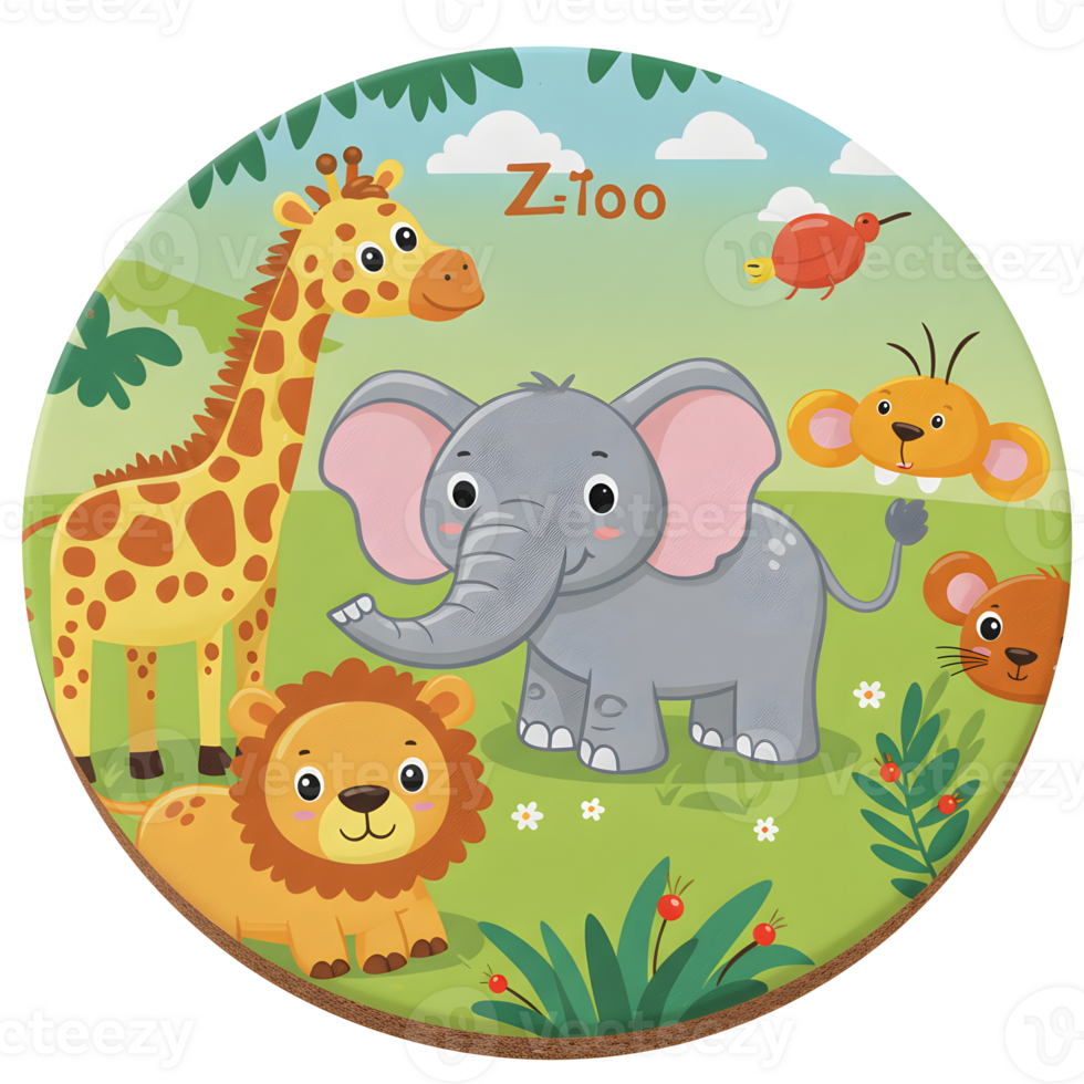 This image depicts various cartoon animals including an elephant, giraffe, lion, bird and mouse, all set on a vibrant green grassy background, perfect for educational or decorative usage. png