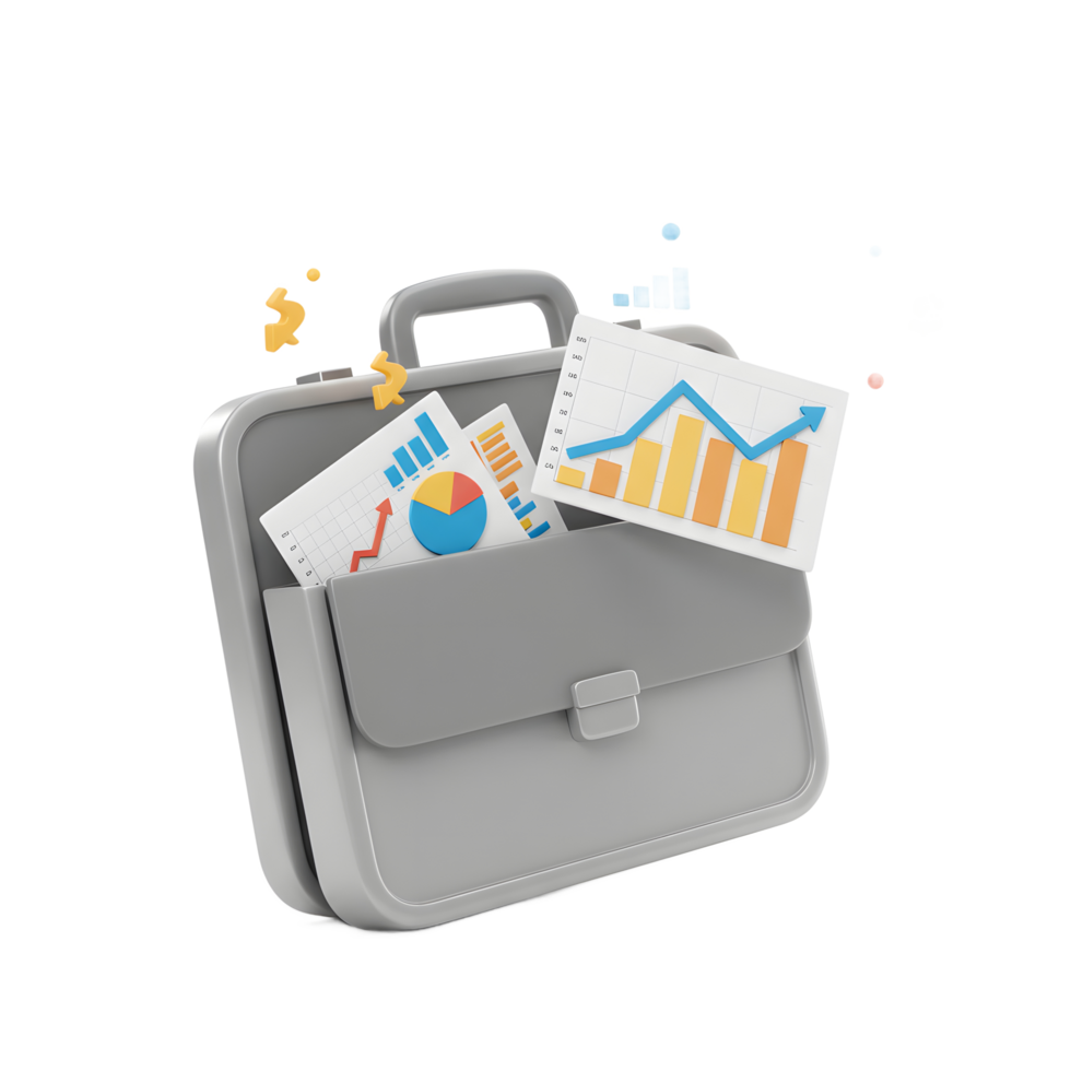 A briefcase is opened and has several charts inside showing financial growth, represented with a dollar sign, for business and investment decisions. png