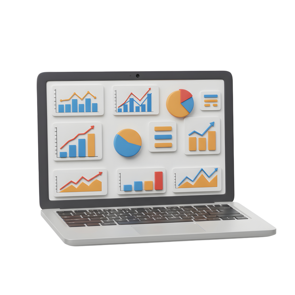 Laptop displays colorful data charts for information tracking and analysis. png