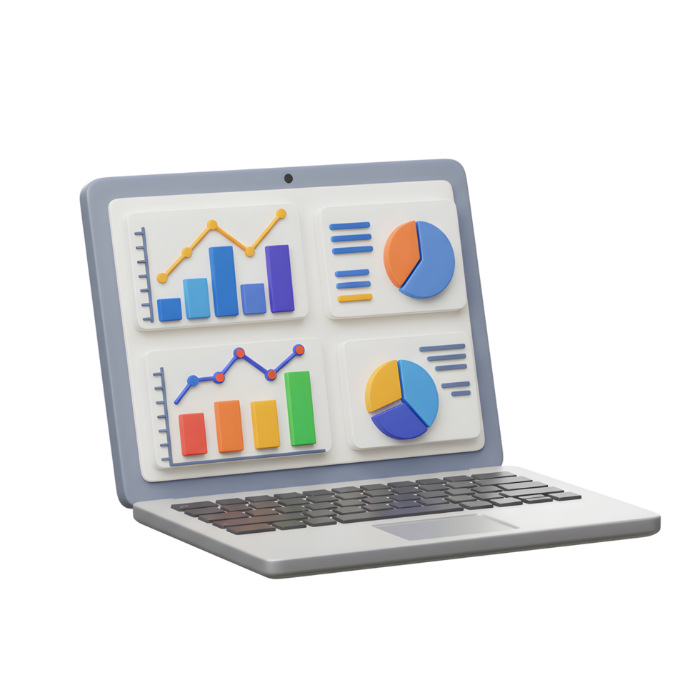 3D render of a laptop screen displaying data charts and graphs for data visualization. png