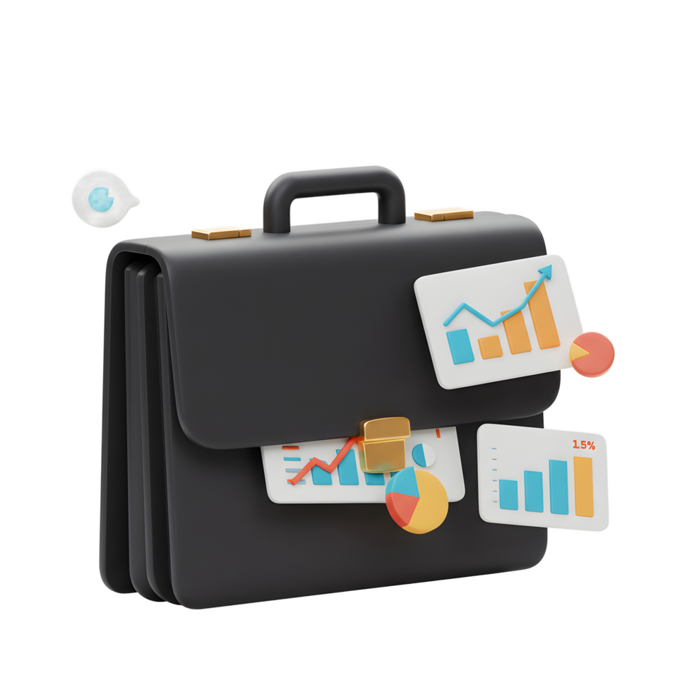 A black briefcase displays financial charts and graphs, ideal for demonstrating business data analysis and presentation. png