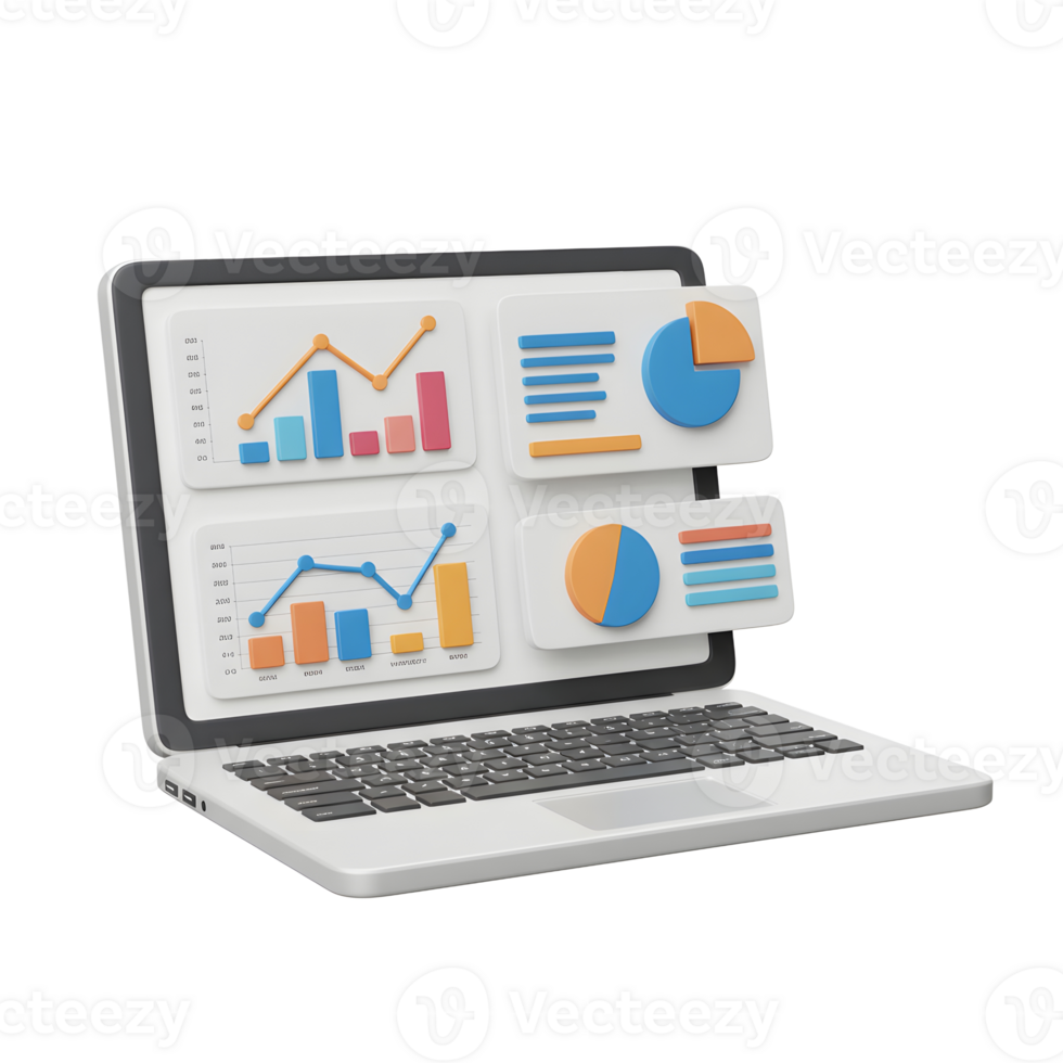 A laptop displays various graphs and charts, indicating data analysis and financial reporting, which is often used for business presentations. png