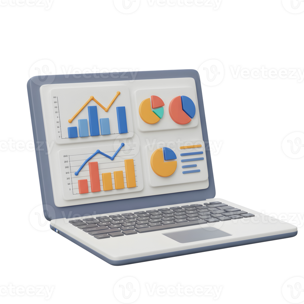 Laptop displaying charts and graphs visually represents data and insights for analysis, reporting, or presentation. png
