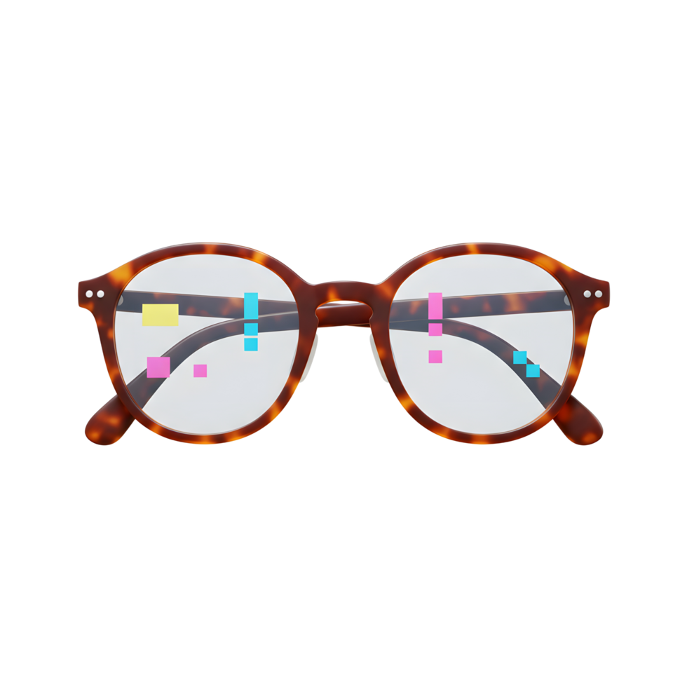 Close up shows tortoiseshell glasses featuring a round frame, giving an impression of style, for vision correction. png