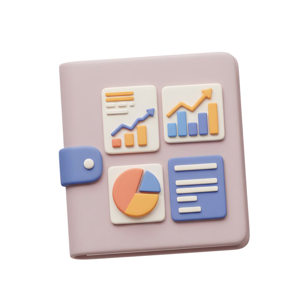 A book displays charts and document icons, symbolizing data analysis and organization for financial reporting and business planning. png