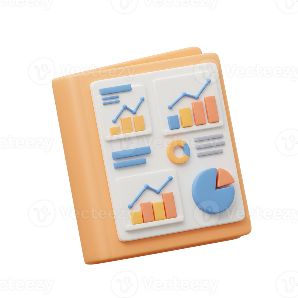 An orange folder with colorful graphs and charts represents a financial report, showing data analysis for business decision making. png