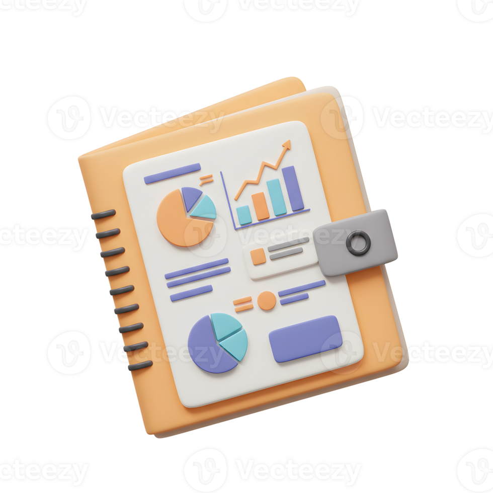 A 3D render shows a binder with charts and graphs on the cover page, ideal for illustrating data analysis or business reports. png