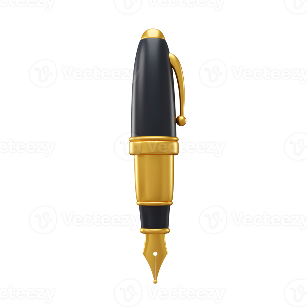 A sleek gold and black pen is presented in a 3D rendering, showcasing its sophisticated design, perfect for writing. png