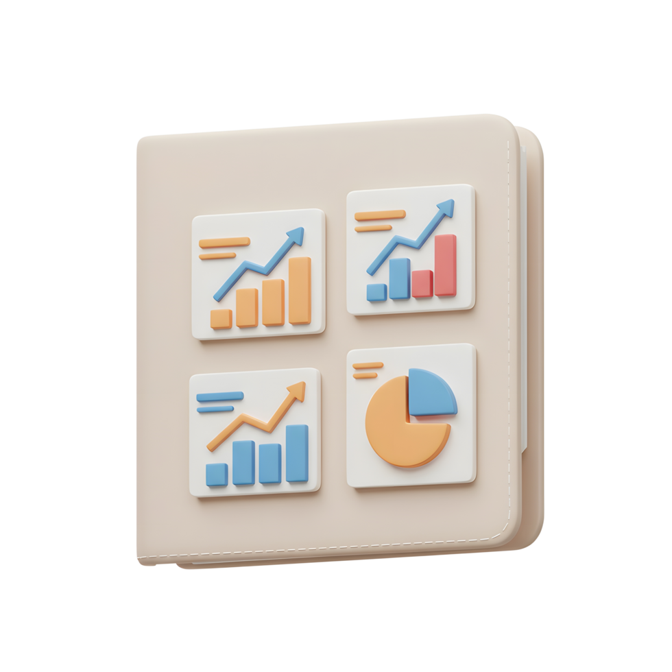 Four data charts showing growing trend are set in a book, representing information tracking and analysis. png